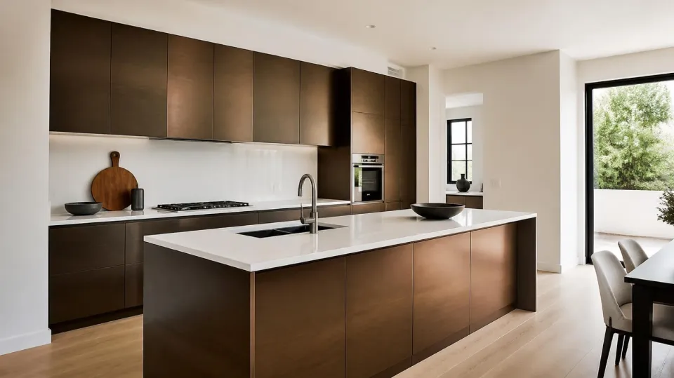 Modular kitchen with cabinet shutters in bronze hairline stainless steel