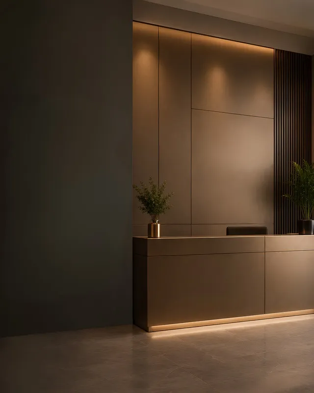 Lobby with bronze stainless steel wall panels and reception counter