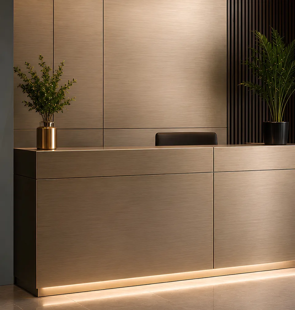 Reception counter and wall in brushed bronze stainless steel with a wave pattern