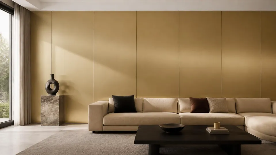 Living room wall clad in champagne bead blast stainless steel sheets
