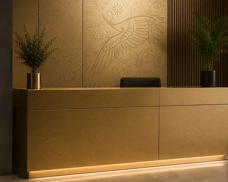 Reception wall with an etched crane motif on champagne stainless steel