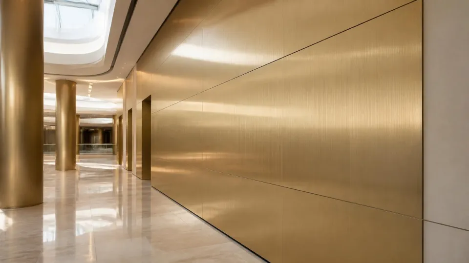 Mall atrium with columns and a feature wall in champagne hairline stainless steel