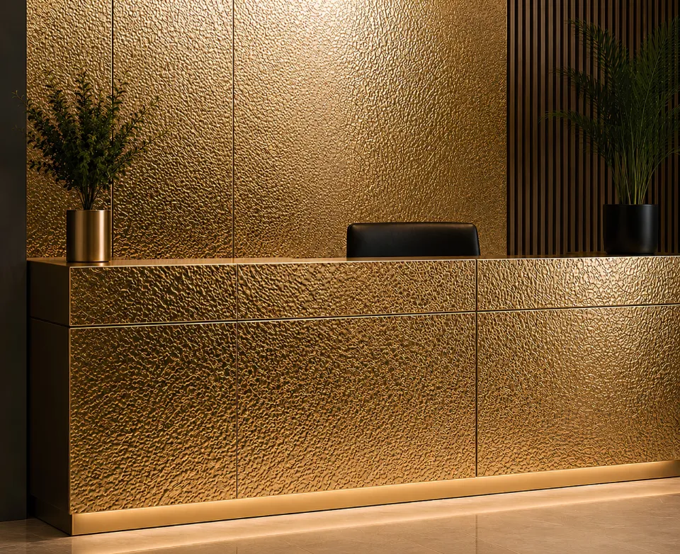 Reception counter and wall in gold embossed stainless steel