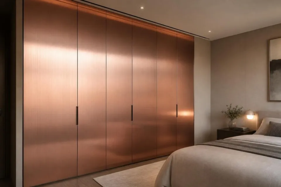 Bedroom wardrobe with shutters in rose gold hairline stainless steel