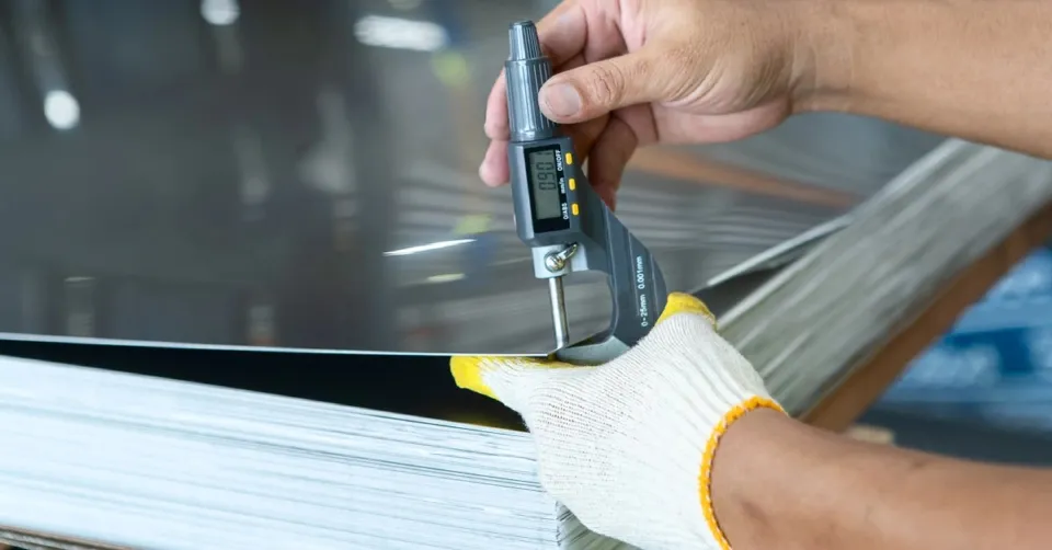 Checking stainless steel sheet thickness with a digital gauge